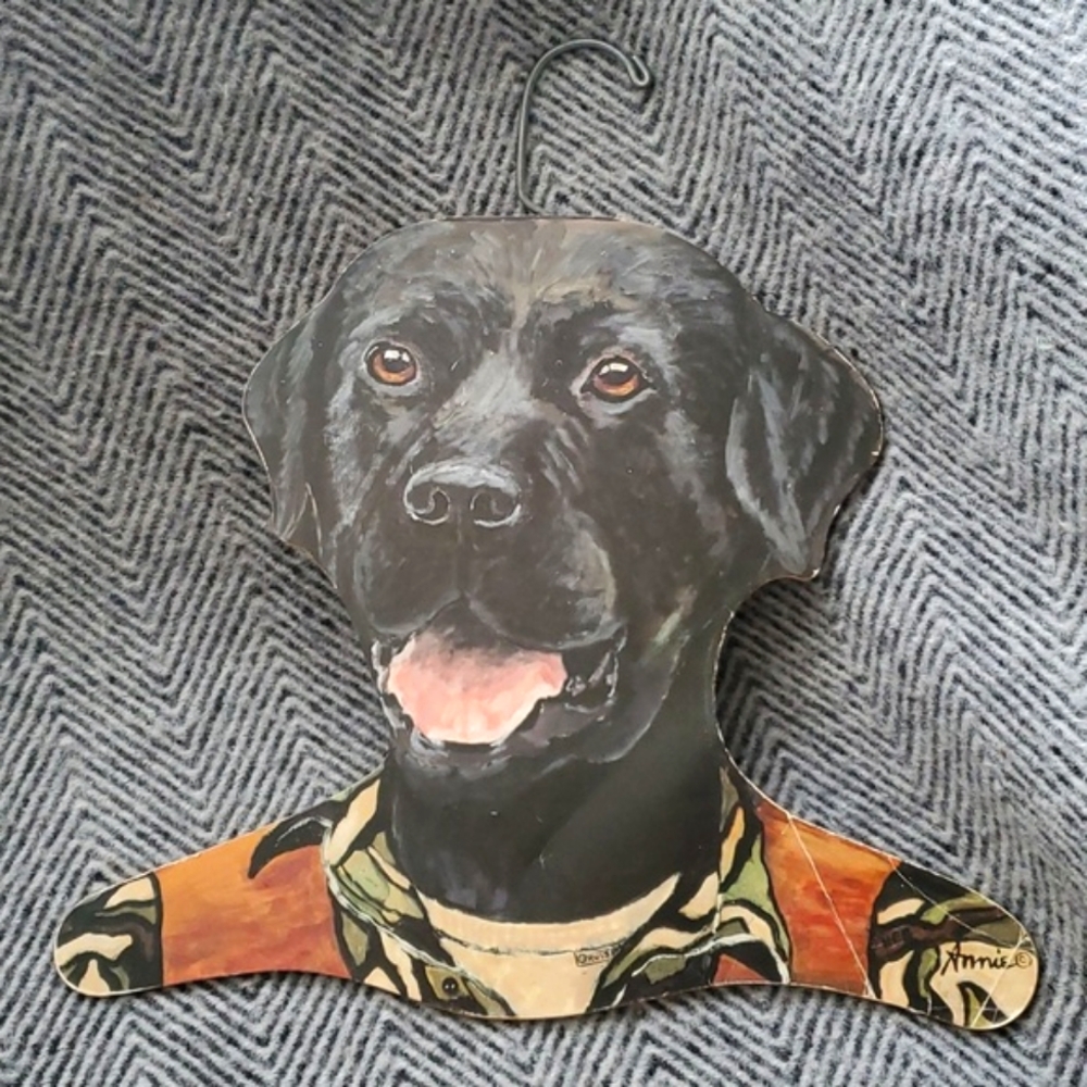 VTG Annie Rhinehart Black Lab Orvis Wooden Clothes Hanger Stupell USA